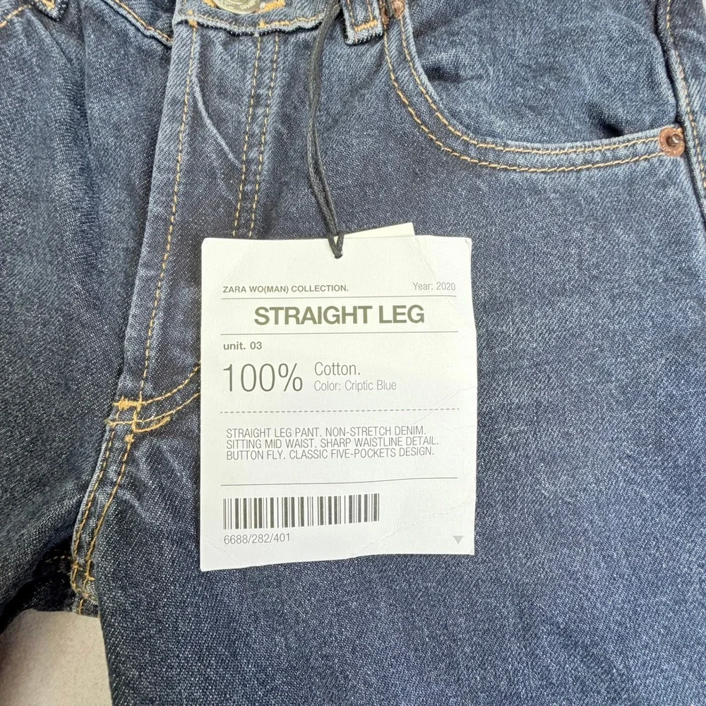 Zara Straight Leg Jeans Women 2L Criptic Blue 100% Cotton Mid Waist Button Fly